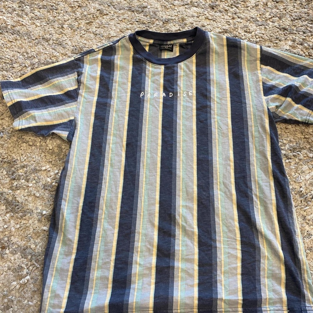 Vintage "Paradise" Striped Tee – Blue & Yellow Retro T-Shirt 90s